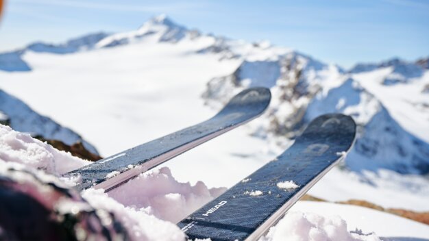 Ski im Schnee vor Bergpanorama