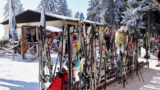Skier stehen in einem Skiständer im Schnee.