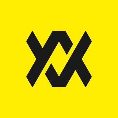 Black logo on a yellow background.