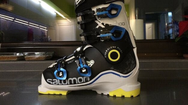 Black and white Salomon ski boot