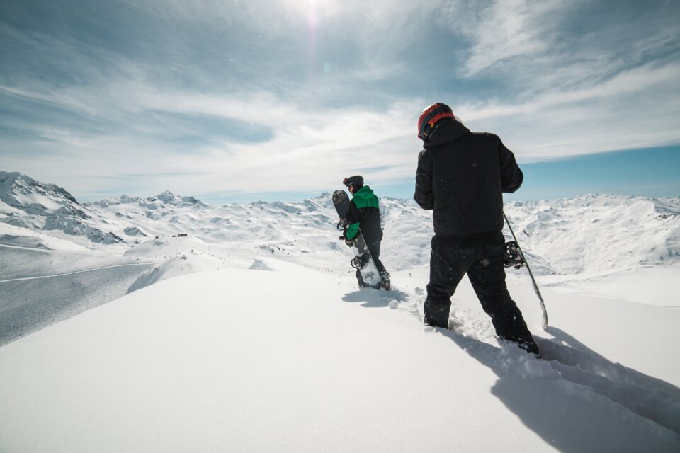 Two snowboarders standing on a snowy peak.