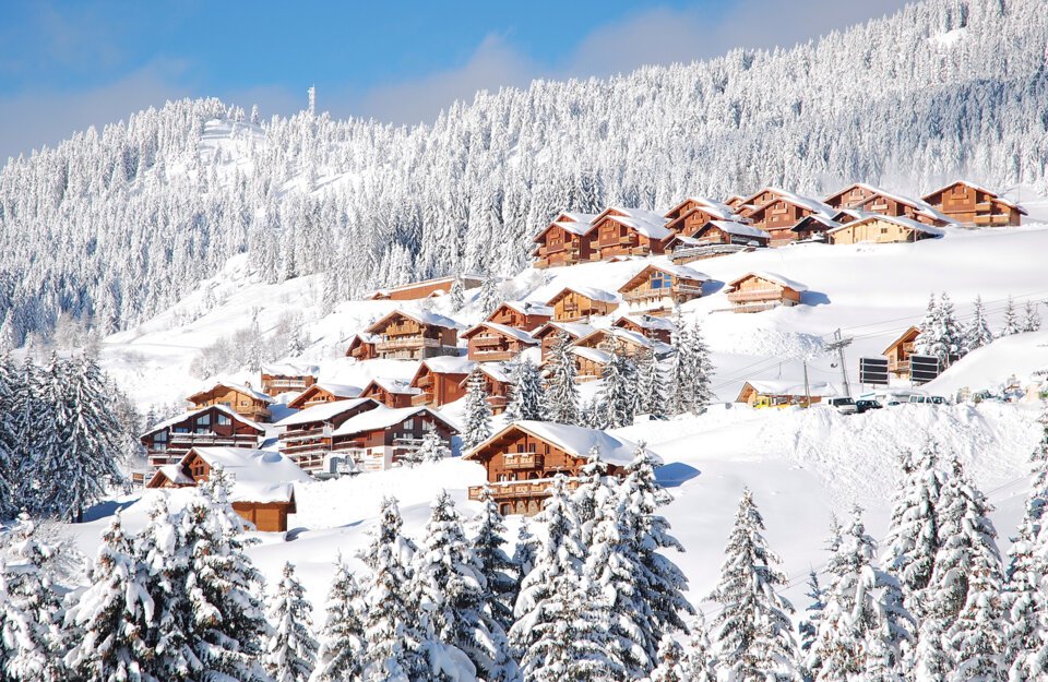 Winter landscape with snow-covered houses in the mountains. | © Thuria