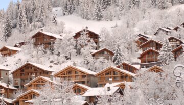 Paysage hivernal avec chalets et arbres enneigés. | © Anne Marmottan / Sainte Foy Tourisme