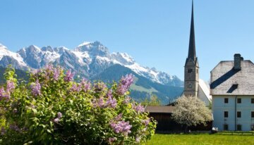 Arbuste fleuri devant église et montagnes. | © Hochkönig Tourismus GmbH