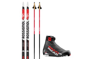 Langlaufski, Stöcke und Skischuh