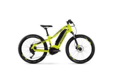 Yellow Haibike e-mountain bike on a white background.