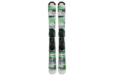 Pair of skis with green and gray patterns