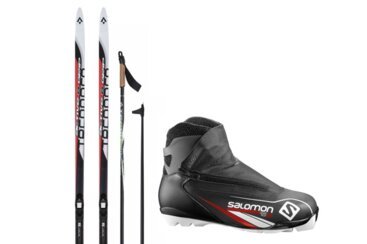 Langlaufski, Stöcke und Skischuh