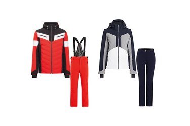 Zwei Ski-Outfits, eines rot und eines grau-blau.