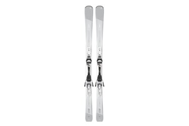 Une paire de skis Blizzard Alight 7.2 Ti X blancs avec fixations
