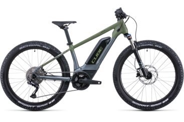 Cube e-mountain bike, side view.