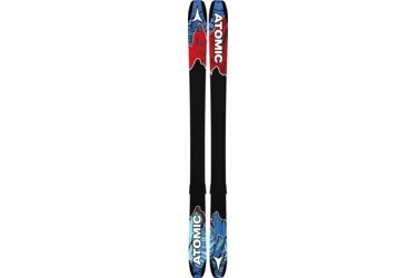 Une paire de skis Atomic avec un motif de montagne.
