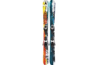 Pair of Atomic skis with colorful abstract designs and bindings.
