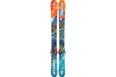Atomic skis with mountain, river, and animal design