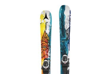 A pair of skis with colorful, abstract designs and bindings.