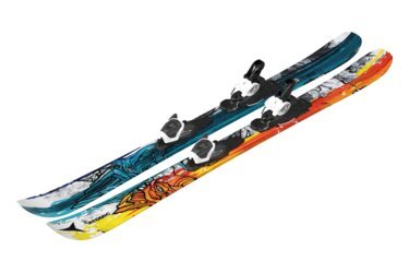 Two Atomic skis with colorful graphics.