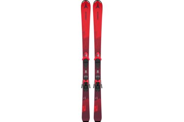 Une paire de skis rouges Atomic Redster X9i WB avec fixations.