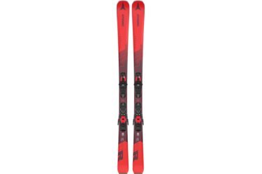 Une paire de skis rouges Atomic Redster avec fixations.