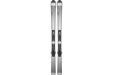 Une paire de skis Atomic gris avec fixations.