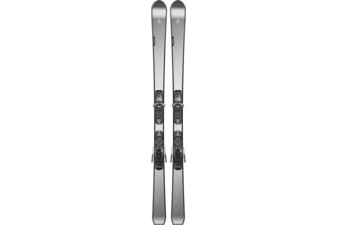 A pair of gray Atomic skis with bindings.