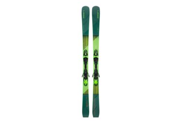 Une paire de skis verts Elan Wingman 86CTi avec fixations.