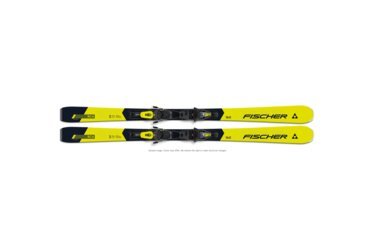 Une paire de skis Fischer RC4 jaunes et noirs avec fixations.