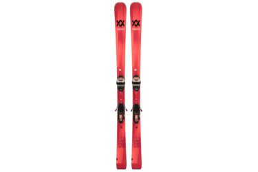 Two red Völkl Deacon 80 skis with bindings.