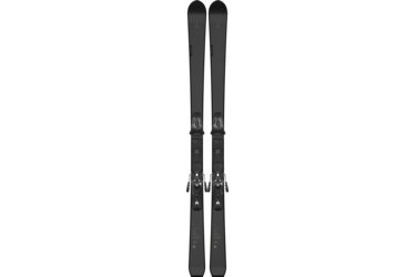 Ein Paar schwarze Atomic Ski mit Bindungen.