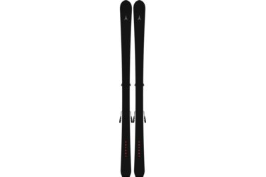 Zwei schwarze Atomic Volant Ski mit Bindungen.