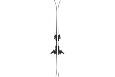 A pair of skis with bindings against a black background.
