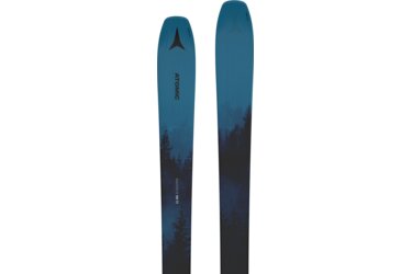 Two Atomic Maverick 95 Ti skis with forest graphic