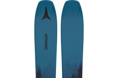 Two blue Atomic skis with forest motif.