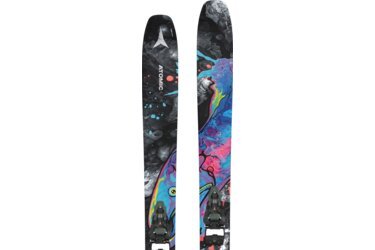 Zwei Skier mit abstrakten Designs und Bindungen.