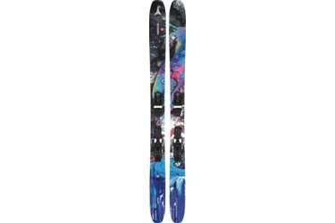 Pair of Atomic skis with bindings and colorful design.