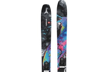 A pair of Atomic skis with colorful graphics