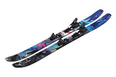A pair of Atomic Bent Chetler skis with colorful designs.