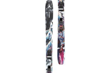 Two Atomic skis with abstract designs and bindings.