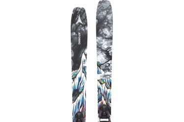 Two Atomic skis with abstract design.