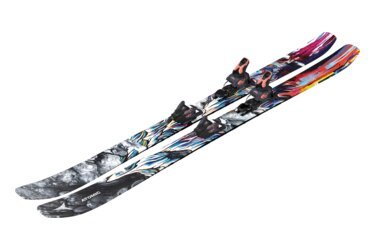A pair of Atomic Bent 100 skis on a black background.