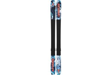 Atomic skis with blue and white pattern and red logo.