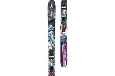 A pair of Atomic Bent 90 skis with a colorful design and bindings.