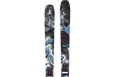 Two skis with abstract color gradients and mountain graphics.