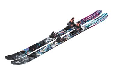 Pair of Atomic skis with colorful graphics.