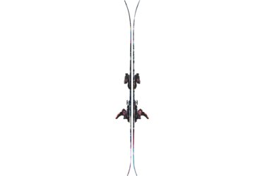 A pair of skis with bindings on a black background.