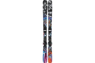 A pair of skis featuring a colorful, abstract graphic and black bindings.