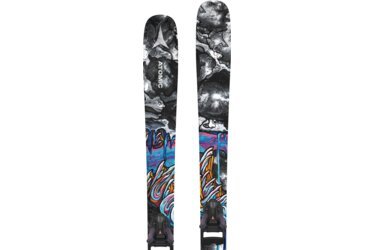 Pair of skis with abstract black and white and colorful graphics