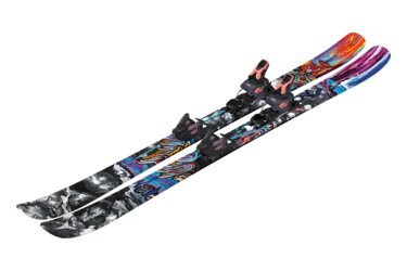 A pair of Atomic brand skis with colorful patterns