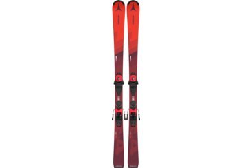 Rote Atomic Redster J4 Skier mit Bindungen.