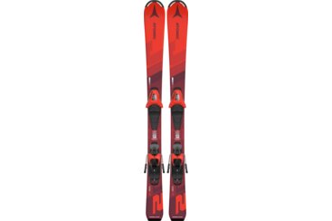 Two red Atomic Redster J2 skis with bindings