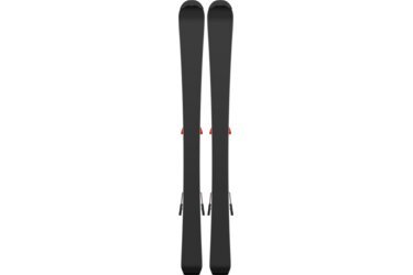 Pair of black skis with red bindings.
